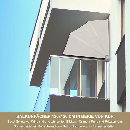 Balkonfächer 120x120 cm Beige – Wind- & Sichtschutz für Balkon & Terrasse – Markise mit UV-beständigem Polyester – Schutzhülle & Montagezubehör