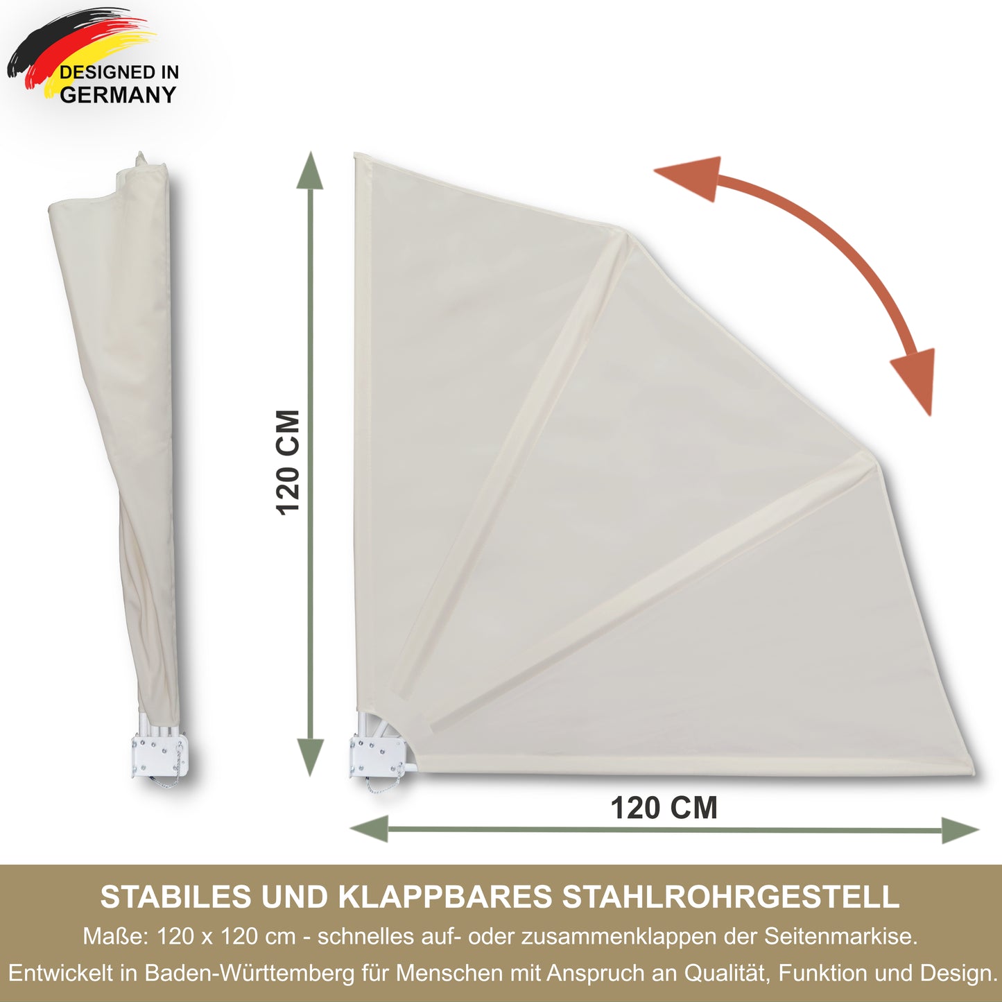 Balkonfächer 120x120 cm Beige – Wind- & Sichtschutz für Balkon & Terrasse – Markise mit UV-beständigem Polyester – Schutzhülle & Montagezubehör