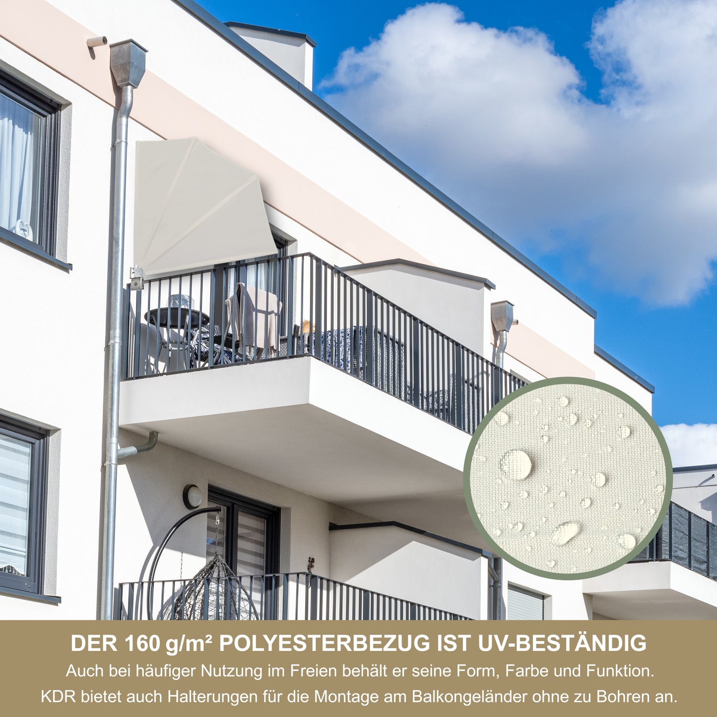 Balkonfächer 120x120 cm Beige – Wind- & Sichtschutz für Balkon & Terrasse – Markise mit UV-beständigem Polyester – Schutzhülle & Montagezubehör