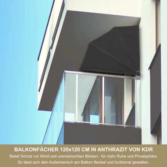 Balkonfächer 120x120 cm Anthrazit – Wind- & Sichtschutz für Balkon & Terrasse – Markise mit UV-beständigem Polyester – Schutzhülle & Montagezubehör