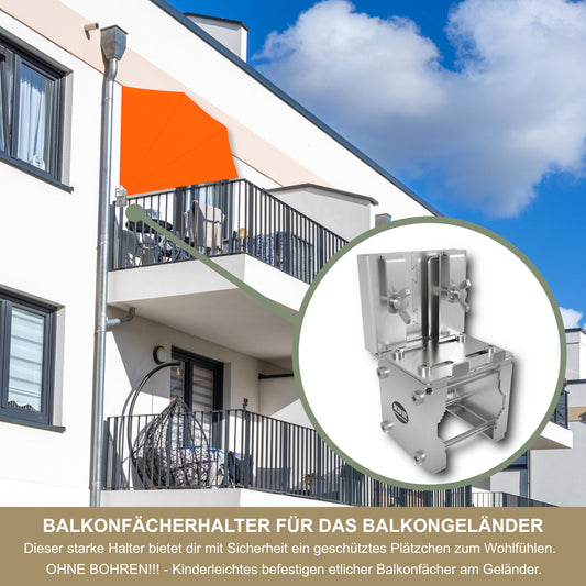 Balkonfächerhalter Edelstahl für Balkongeländer rund & eckig – bis 140×140 cm, Markisenhalterung Balkon, sichere Halterung am Geländer