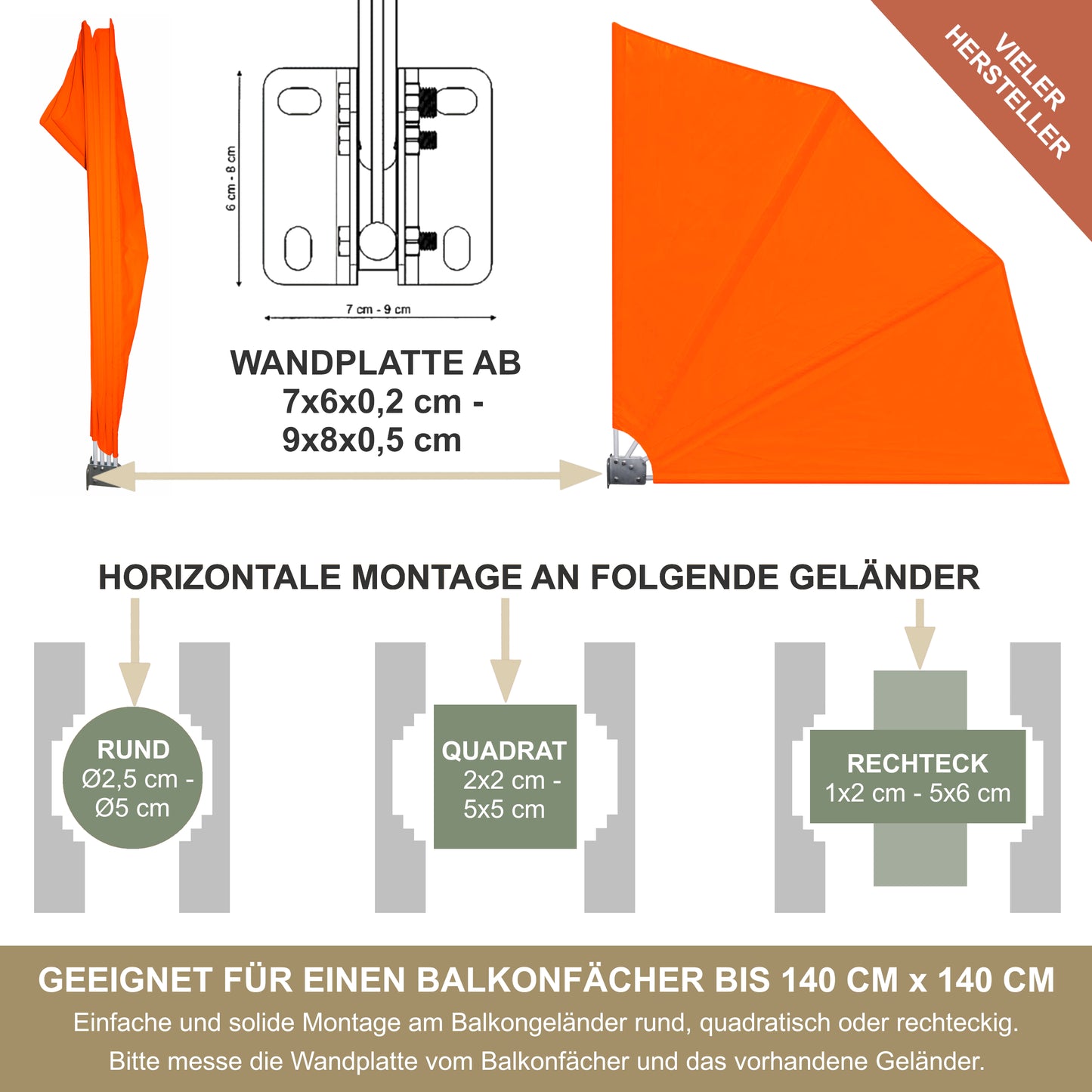 Support de ventilateur de balcon en acier inoxydable pour balustrades de balcon support de ventilateur rond et carré jusqu'à ventilateur de balcon 140 cm x 140 cm support de store support de balcon store fixation sûre à la balustrade
