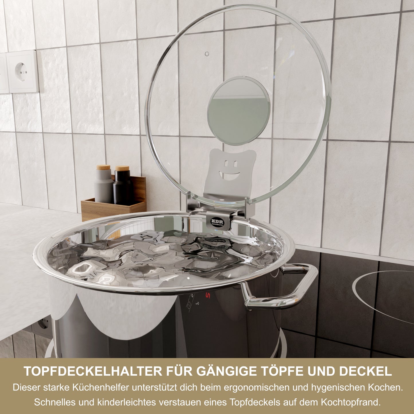 Deckelhalter Edelstahl für Topf & Pfanne – Topfdeckelhalter platzsparend – Überkochschutz & Ablage für Kochlöffel