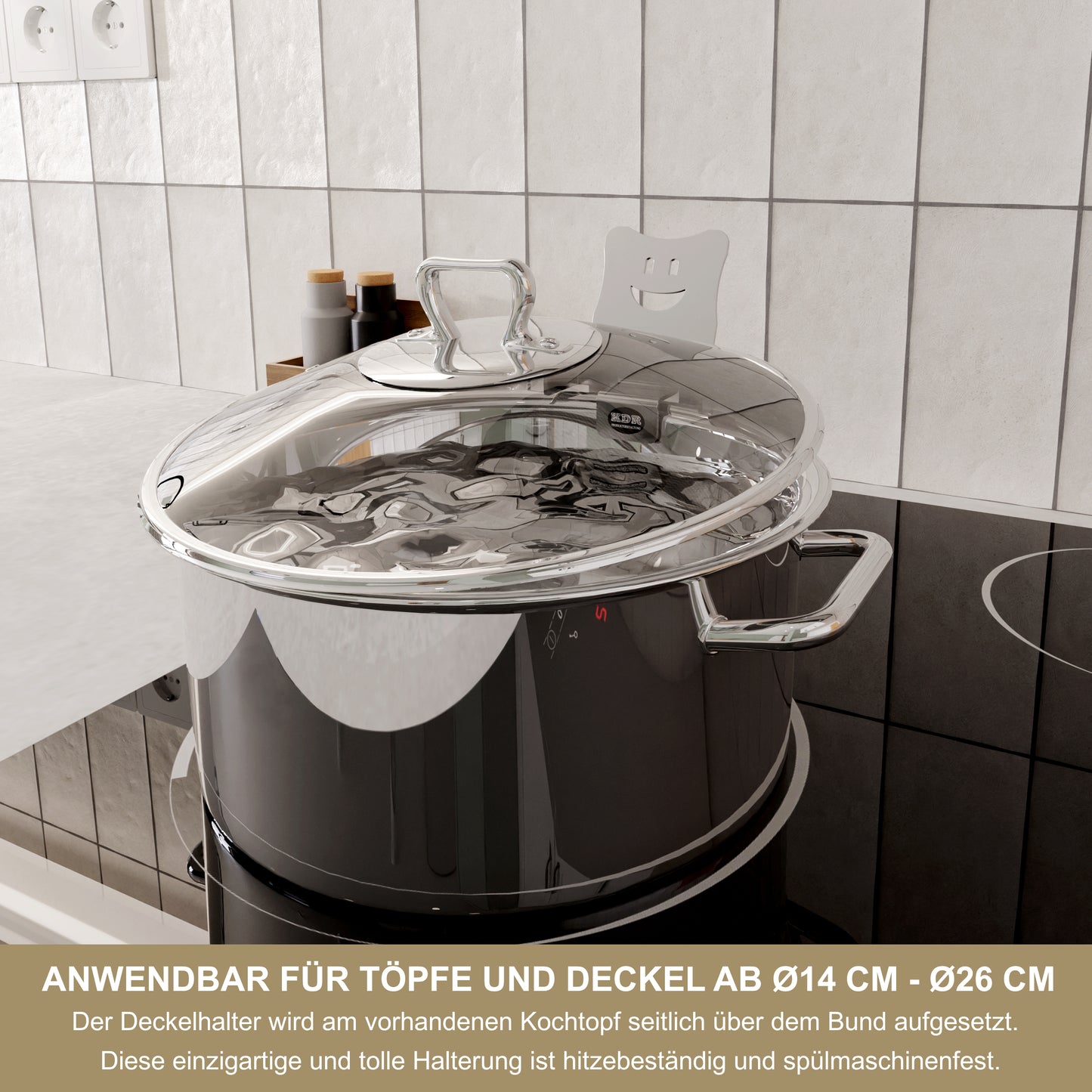 Deckelhalter Edelstahl für Topf & Pfanne – Topfdeckelhalter platzsparend – Überkochschutz & Ablage für Kochlöffel