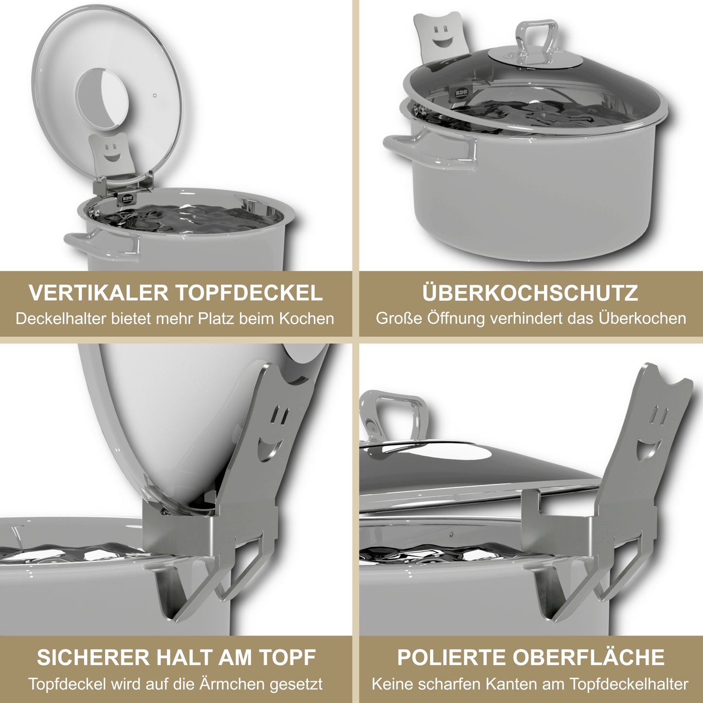 Deckelhalter Edelstahl für Topf & Pfanne – Topfdeckelhalter platzsparend – Überkochschutz & Ablage für Kochlöffel