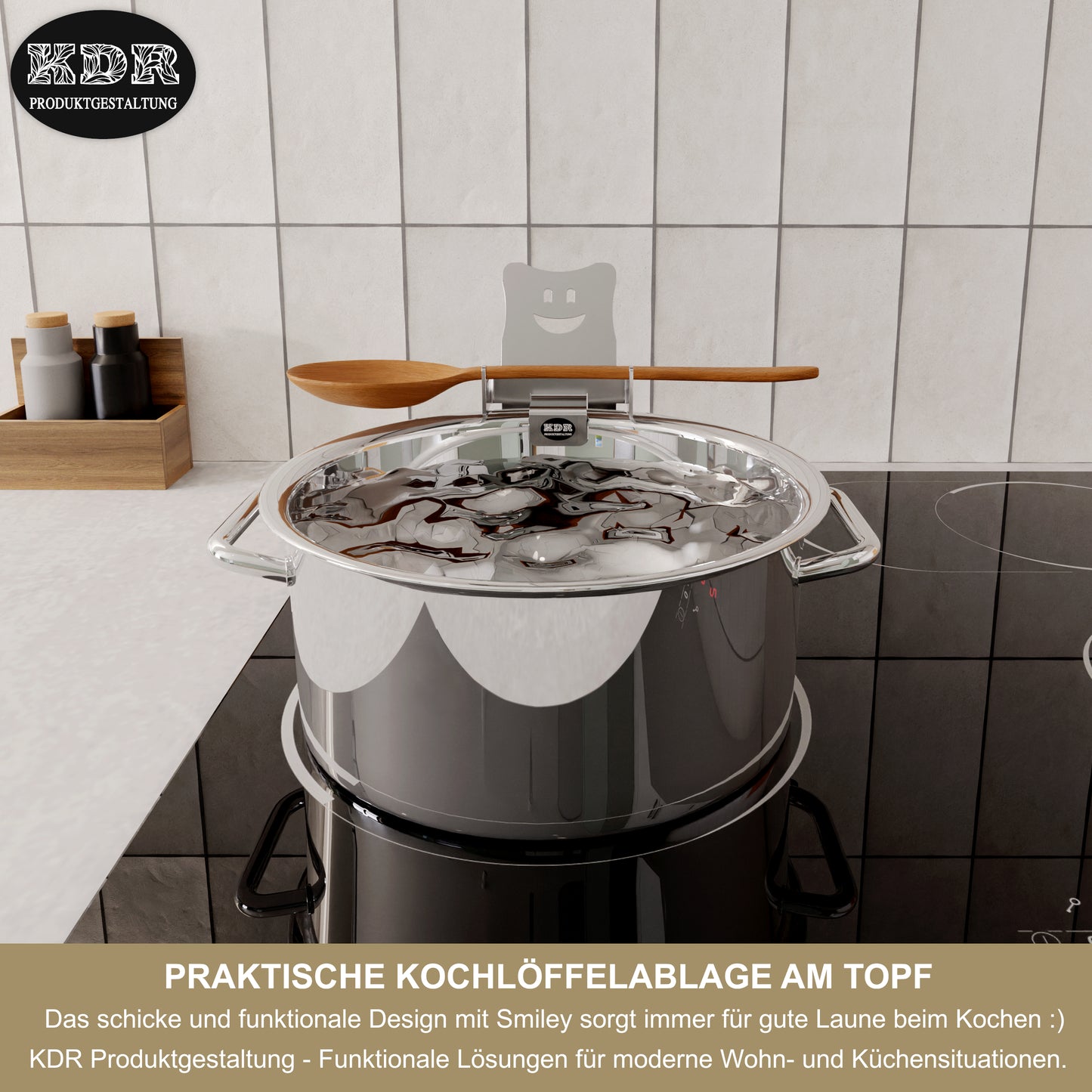 Deckelhalter Edelstahl für Topf & Pfanne – Topfdeckelhalter platzsparend – Überkochschutz & Ablage für Kochlöffel