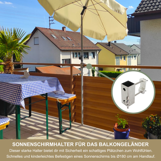 Sonnenschirmhalter Edelstahl für Balkongeländer rund & eckig – bis 180 cm, stabile Vierkant-Halterung, sichere Befestigung am Handlauf