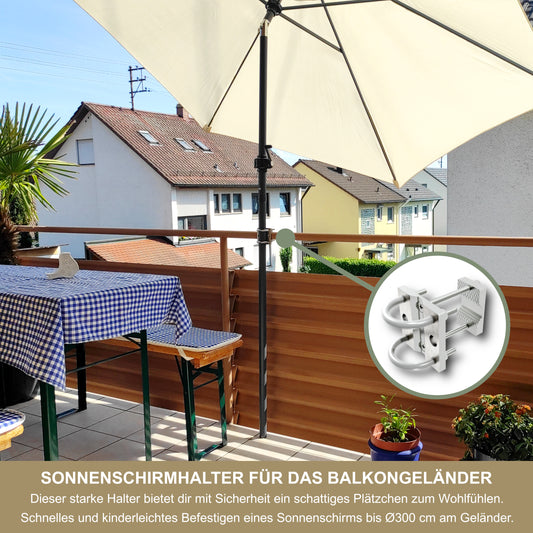 Sonnenschirmhalter Edelstahl für Balkongeländer rund & eckig – bis 300 cm, Schirmständer, stabile Bügel-Halterung, sichere Befestigung am Geländer