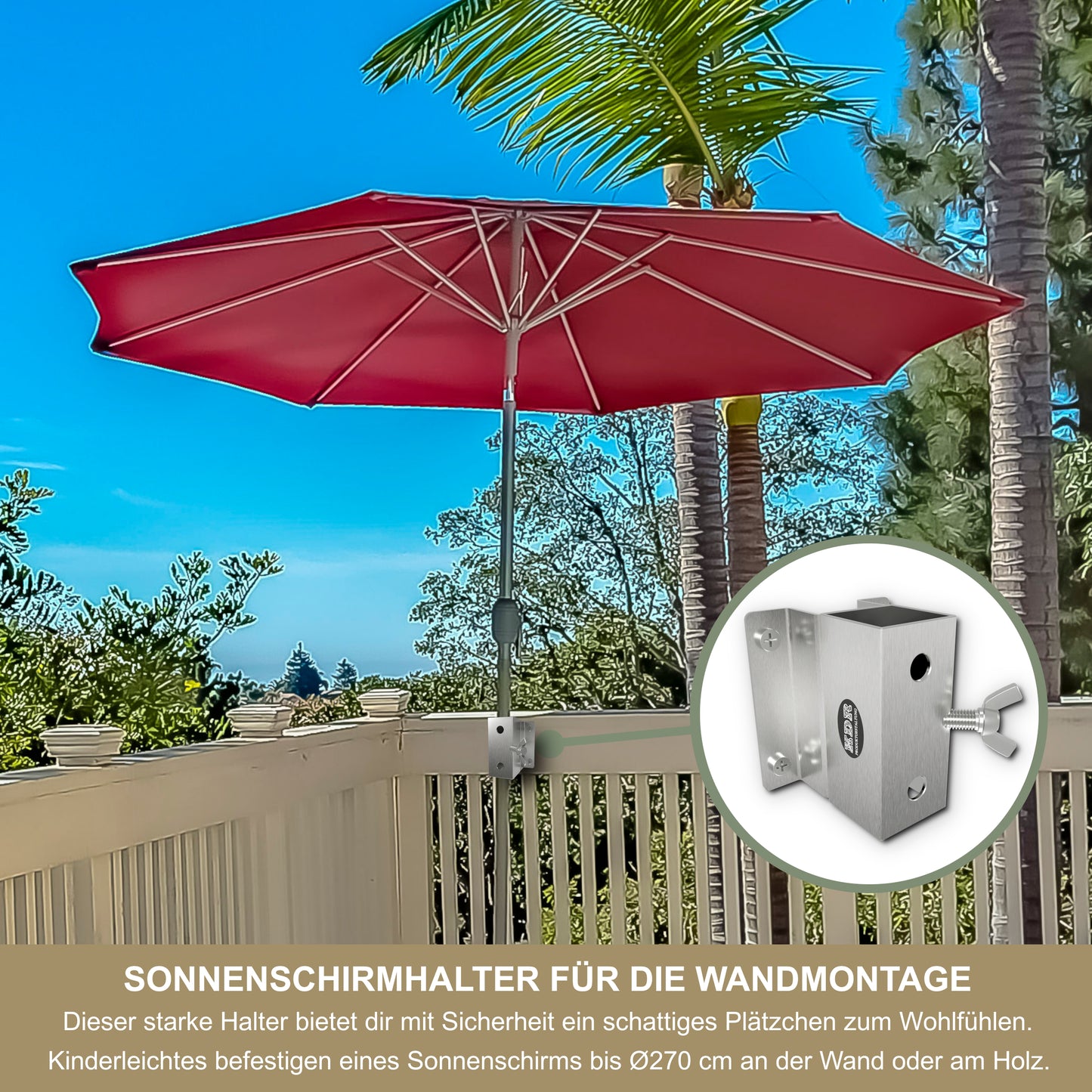 Sonnenschirmhalter Edelstahl für Wandmontage – Balkon, bis 270 cm, stabile Vierkant-Halterung, sichere Befestigung an Mauer/Wand