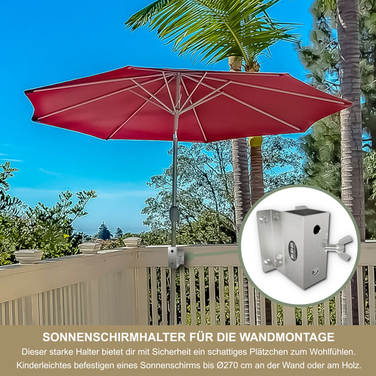 Sonnenschirmhalter Edelstahl für Wandmontage – Balkon, bis 270 cm, stabile Vierkant-Halterung, sichere Befestigung an Mauer/Wand