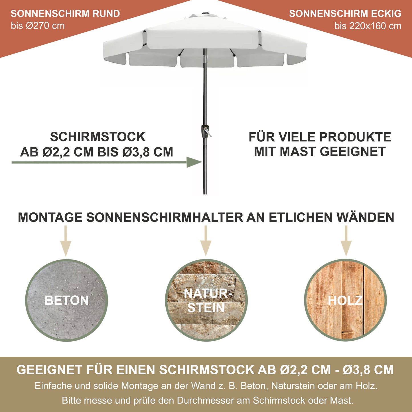 Sonnenschirmhalter Edelstahl für Wandmontage – Balkon, bis 270 cm, stabile Vierkant-Halterung, sichere Befestigung an Mauer/Wand