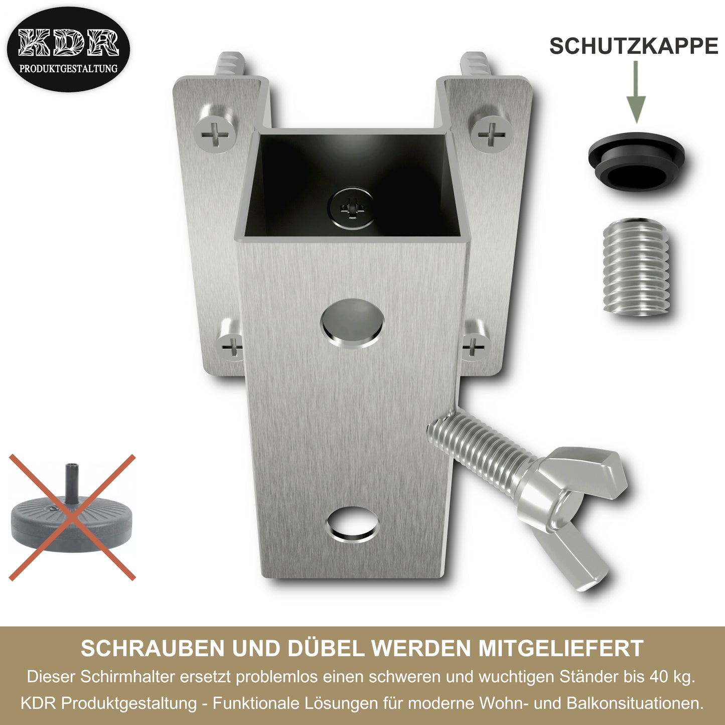 Sonnenschirmhalter Edelstahl für Wandmontage – Balkon, bis 270 cm, stabile Vierkant-Halterung, sichere Befestigung an Mauer/Wand