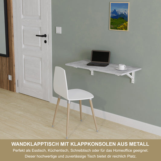 Wandklapptisch 80x40 cm Betonoptik – Klapptisch, Schreibtisch, Küchentisch, Esstisch, Wandmontage, platzsparend