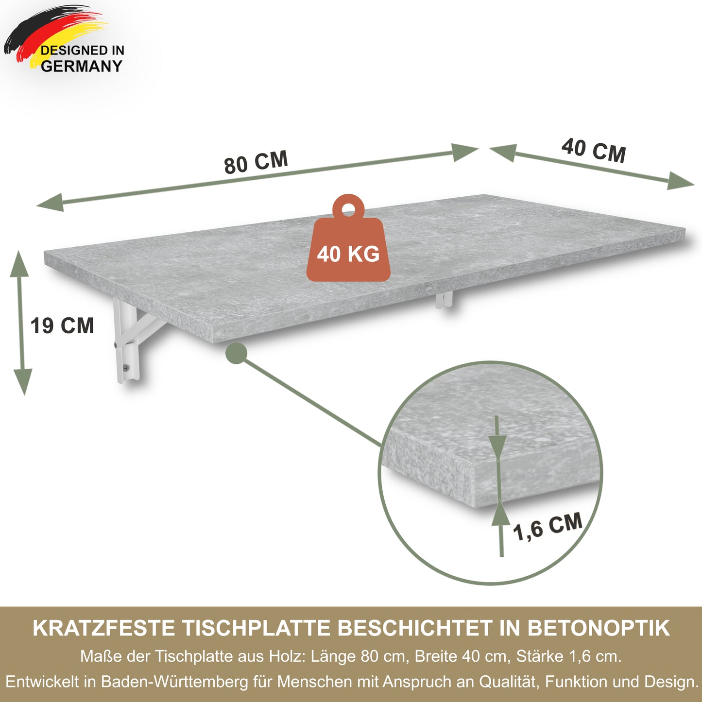Wall-mounted folding table, desk, table top 80x40 cm in white, folding table, dining table, kitchen table for the wall, bar table, high table, wall table, foldable table for wall mounting