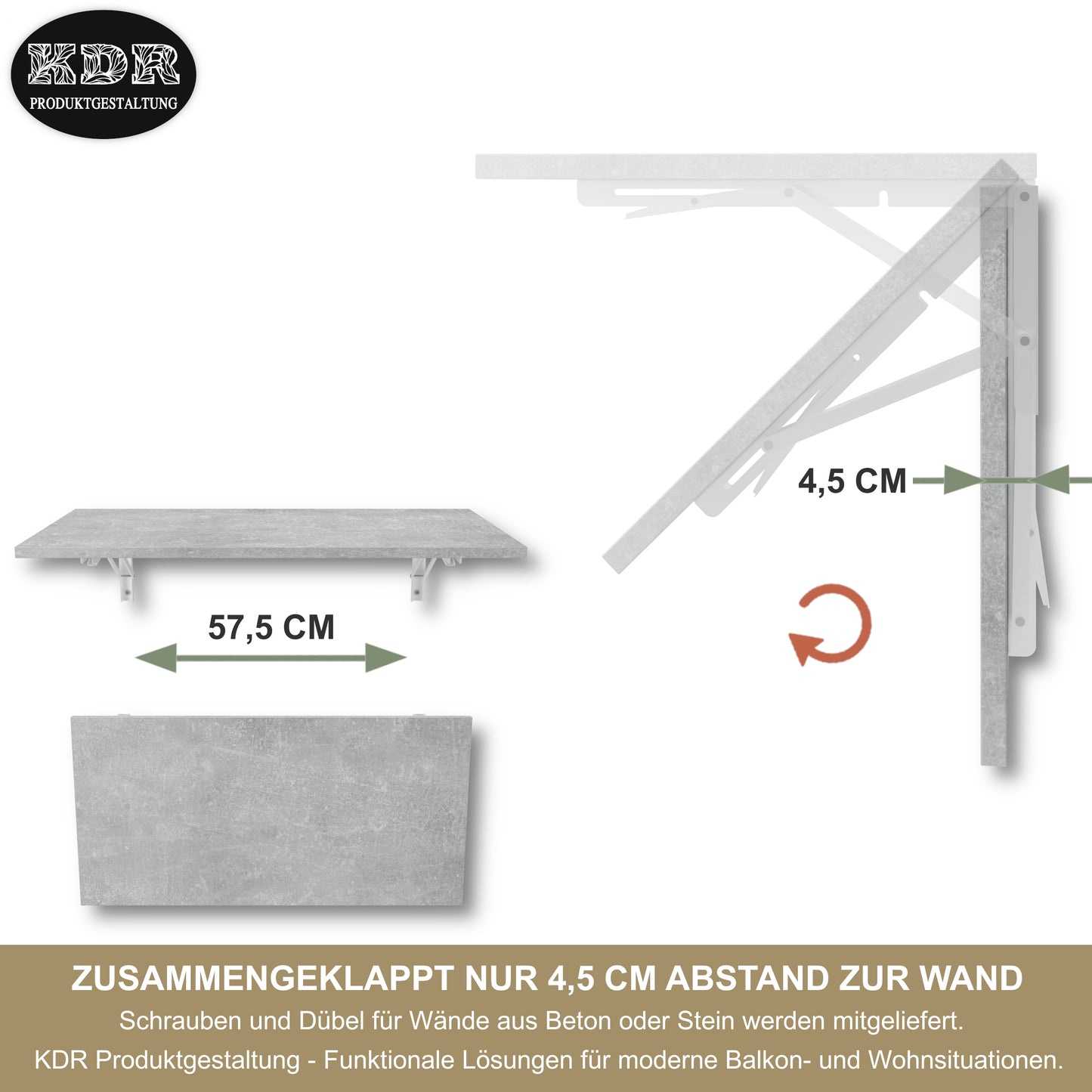 Wall-mounted folding table, desk, table top 80x40 cm in white, folding table, dining table, kitchen table for the wall, bar table, high table, wall table, foldable table for wall mounting