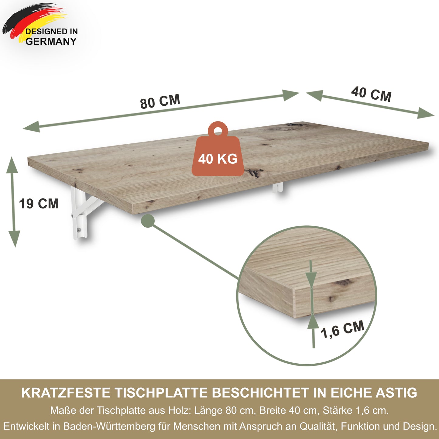 Wall-mounted folding table, desk, table top 80x40 cm in white, folding table, dining table, kitchen table for the wall, bar table, high table, wall table, foldable table for wall mounting