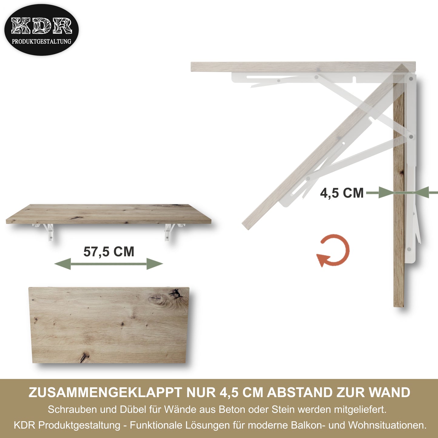 Wall-mounted folding table, desk, table top 80x40 cm in white, folding table, dining table, kitchen table for the wall, bar table, high table, wall table, foldable table for wall mounting