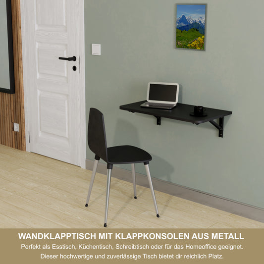 Wandklapptisch 70x40 cm Schwarz – Klapptisch, Schreibtisch, Küchentisch, Esstisch, Wandmontage, platzsparend