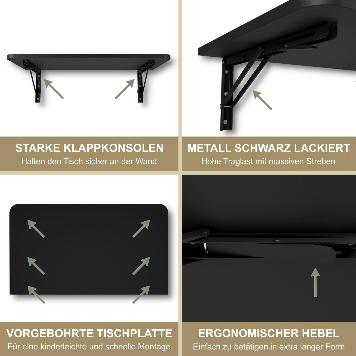 Wandklapptisch 70x40 cm Schwarz – Klapptisch, Schreibtisch, Küchentisch, Esstisch, Wandmontage, platzsparend
