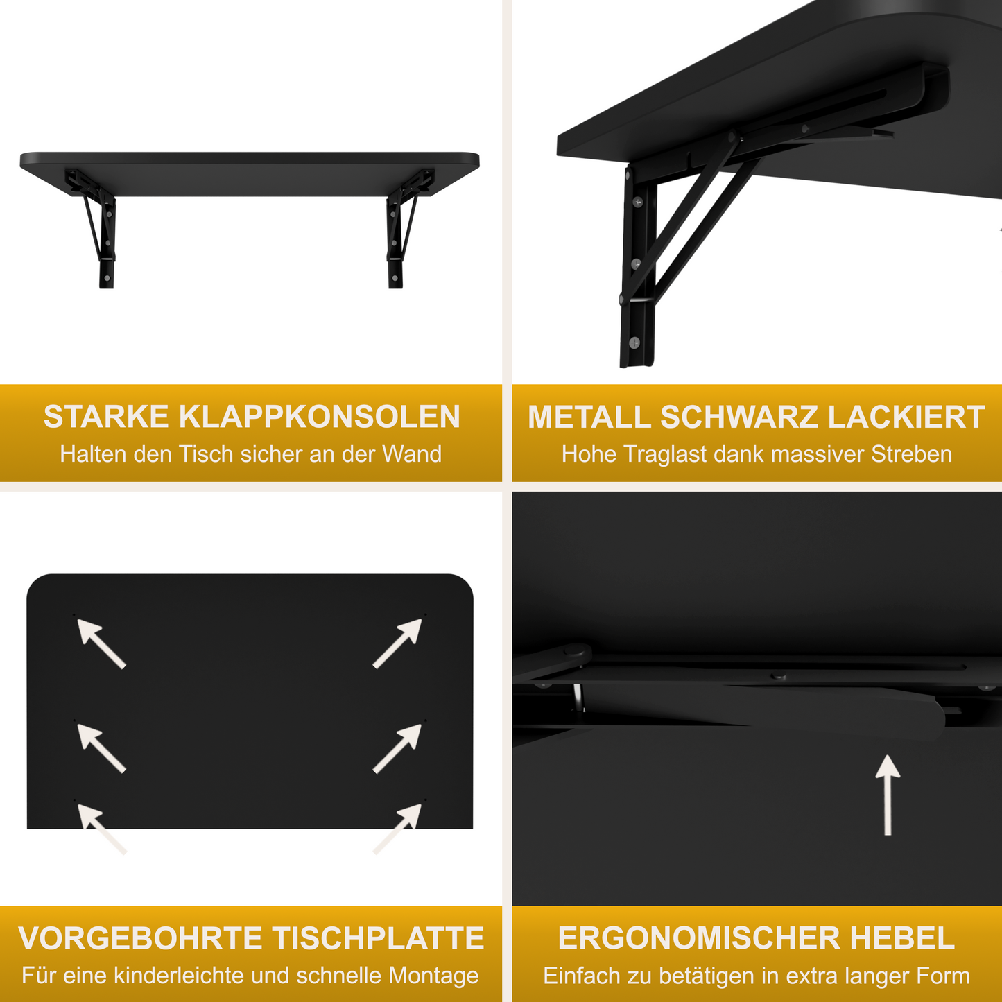 Wandklapptisch Schreibtisch Tischplatte 70x40 cm in Schwarz Klapptisch Esstisch Küchentisch für die Wand Bartisch Stehtisch Wandtisch Tisch klappbar zur Wandmontage