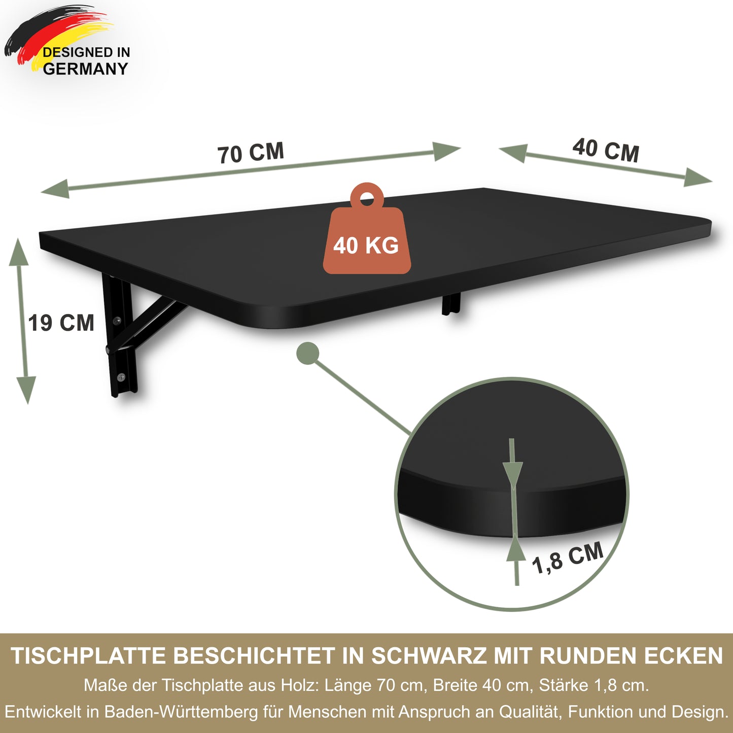 Wandklapptisch 70x40 cm Schwarz – Klapptisch, Schreibtisch, Küchentisch, Esstisch, Wandmontage, platzsparend