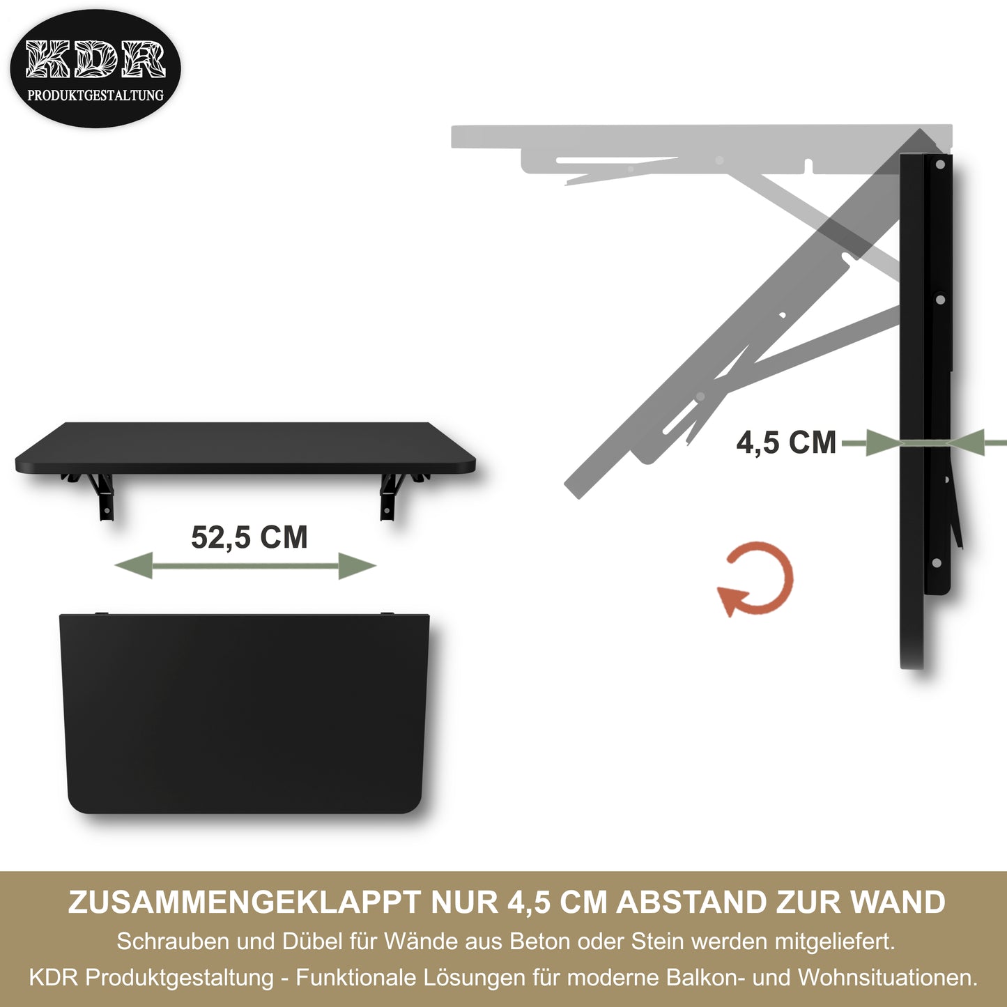 Wandklapptisch 70x40 cm Schwarz – Klapptisch, Schreibtisch, Küchentisch, Esstisch, Wandmontage, platzsparend