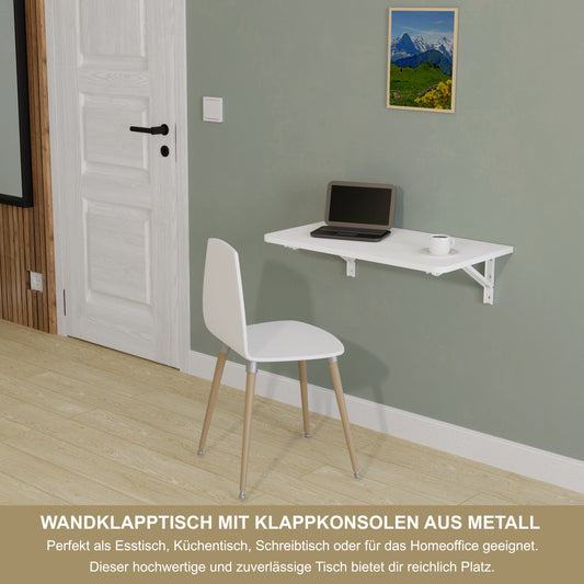 Wandklapptisch 70x40 cm Weiß – Klapptisch, Schreibtisch, Küchentisch, Esstisch, Wandmontage, platzsparend