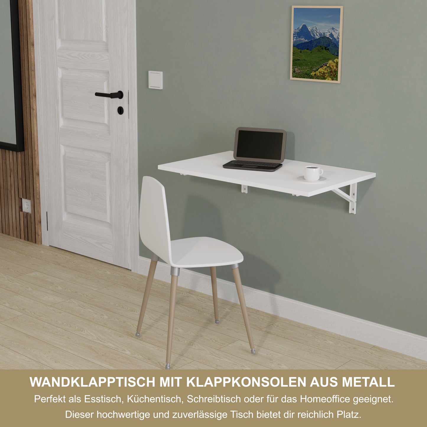 Wandklapptisch 80x50 cm Weiß – Klapptisch, Schreibtisch, Küchentisch, Esstisch, Wandmontage, platzsparend