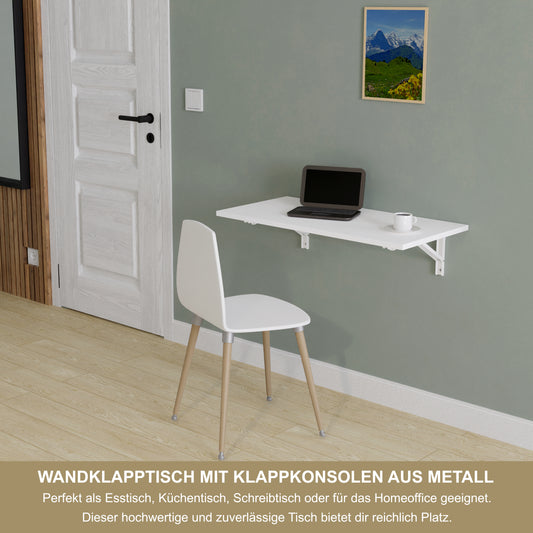 Wandklapptisch 80x40 cm Weiß – Klapptisch, Schreibtisch, Küchentisch, Esstisch, Wandmontage, platzsparend