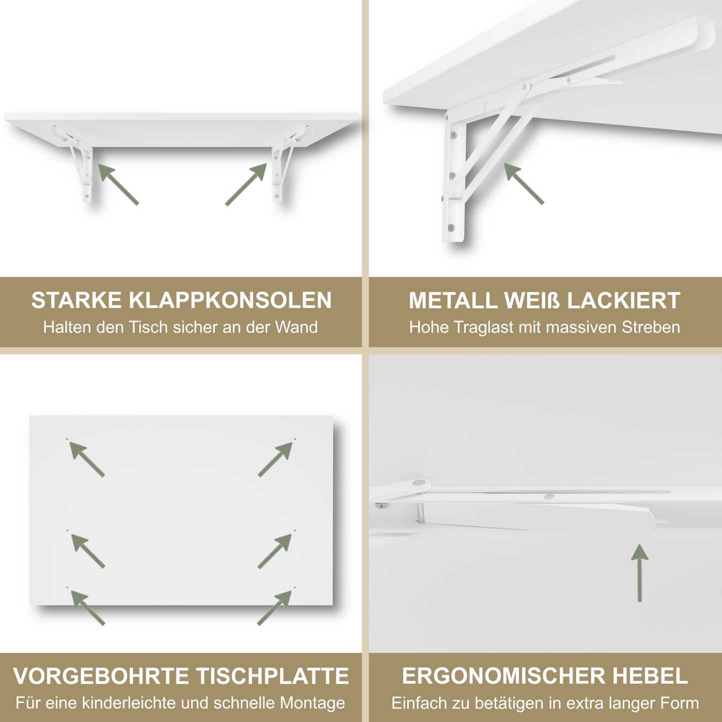 Wandklapptisch 80x50 cm Weiß – Klapptisch, Schreibtisch, Küchentisch, Esstisch, Wandmontage, platzsparend