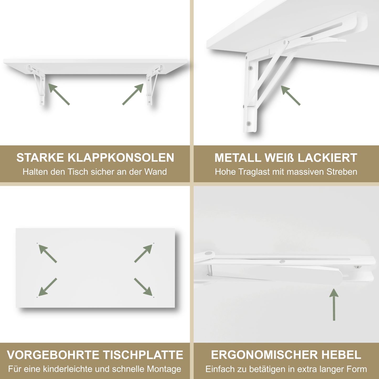 Wall-mounted folding table, desk, table top 80x40 cm in white, folding table, dining table, kitchen table for the wall, bar table, high table, wall table, foldable table for wall mounting