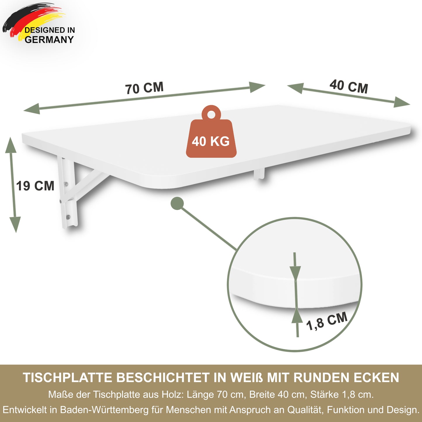 Wall-mounted folding table, desk, table top 80x40 cm in white, folding table, dining table, kitchen table for the wall, bar table, high table, wall table, foldable table for wall mounting