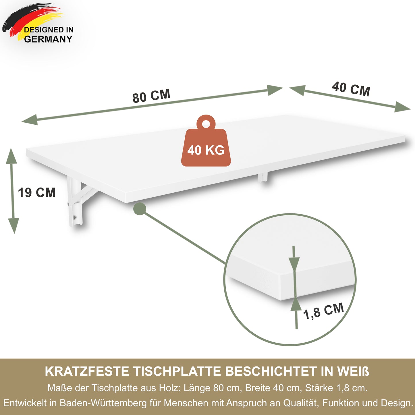 Wall-mounted folding table, desk, table top 80x40 cm in white, folding table, dining table, kitchen table for the wall, bar table, high table, wall table, foldable table for wall mounting