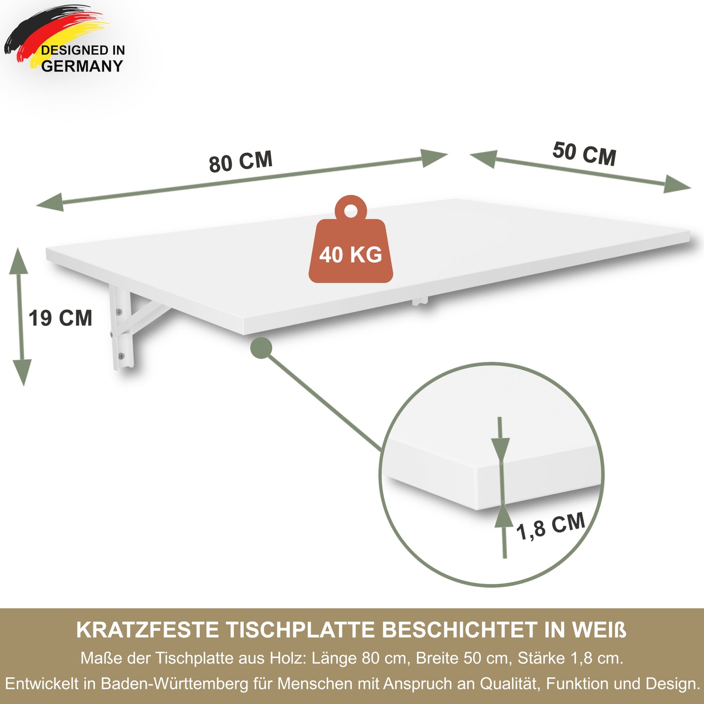 Wandklapptisch 80x50 cm Weiß – Klapptisch, Schreibtisch, Küchentisch, Esstisch, Wandmontage, platzsparend