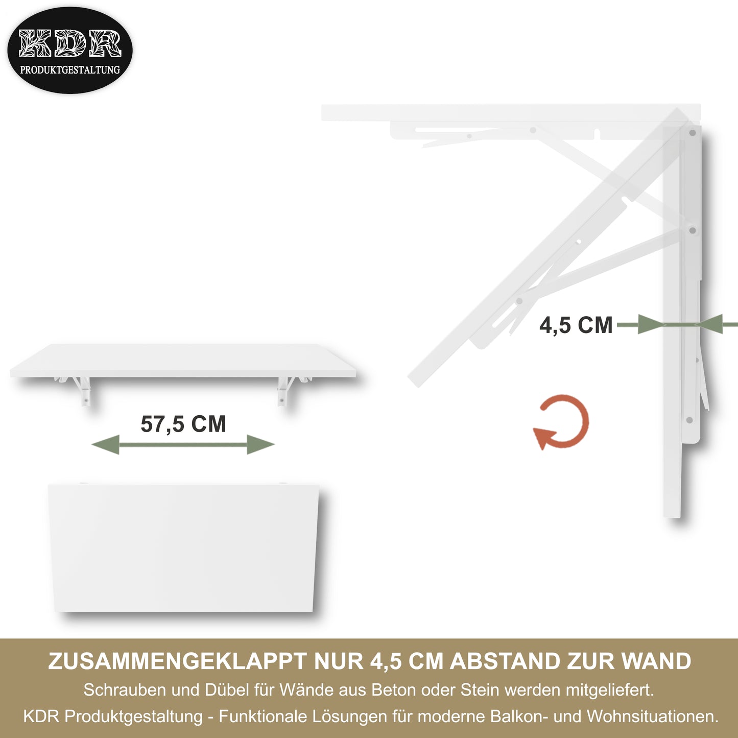 Wall-mounted folding table, desk, table top 80x40 cm in white, folding table, dining table, kitchen table for the wall, bar table, high table, wall table, foldable table for wall mounting