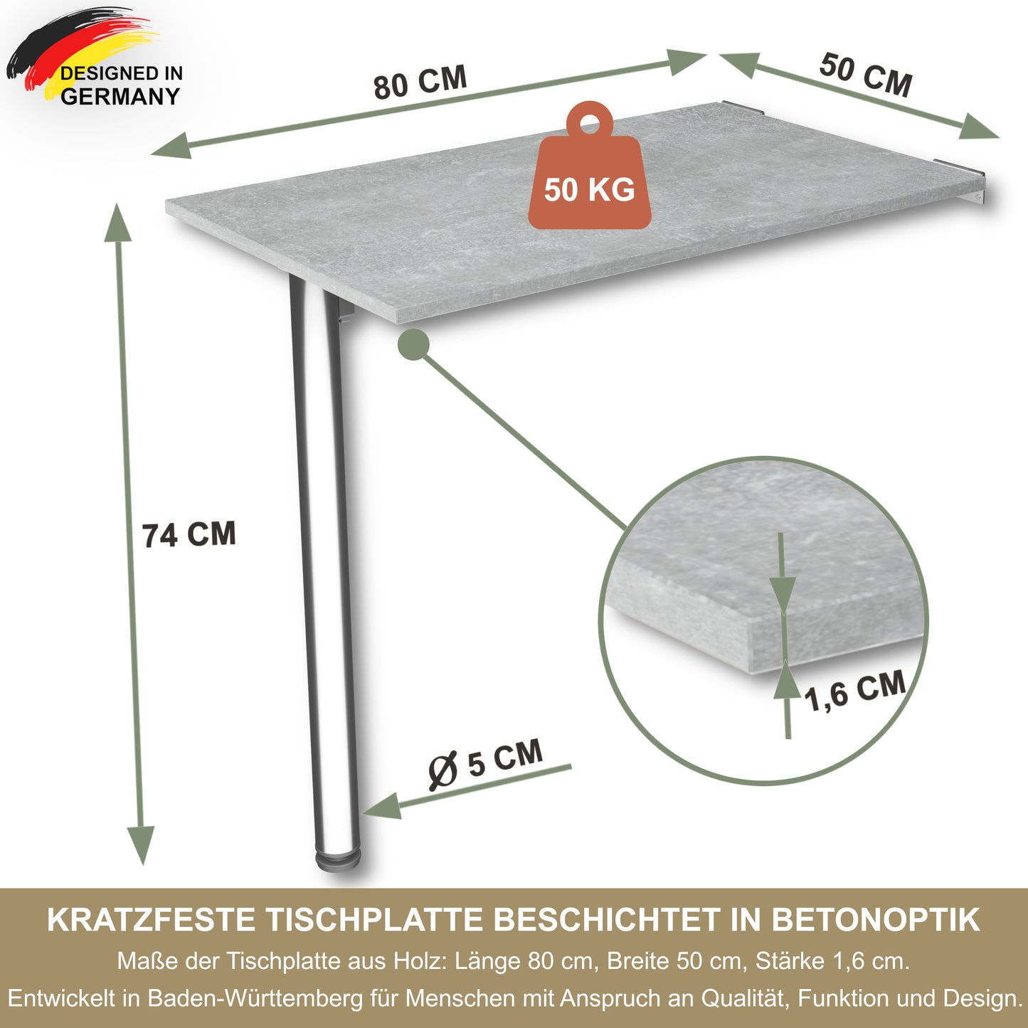 Wall-mounted folding table, desk, table top 80x40 cm in white, folding table, dining table, kitchen table for the wall, bar table, high table, wall table, foldable table for wall mounting
