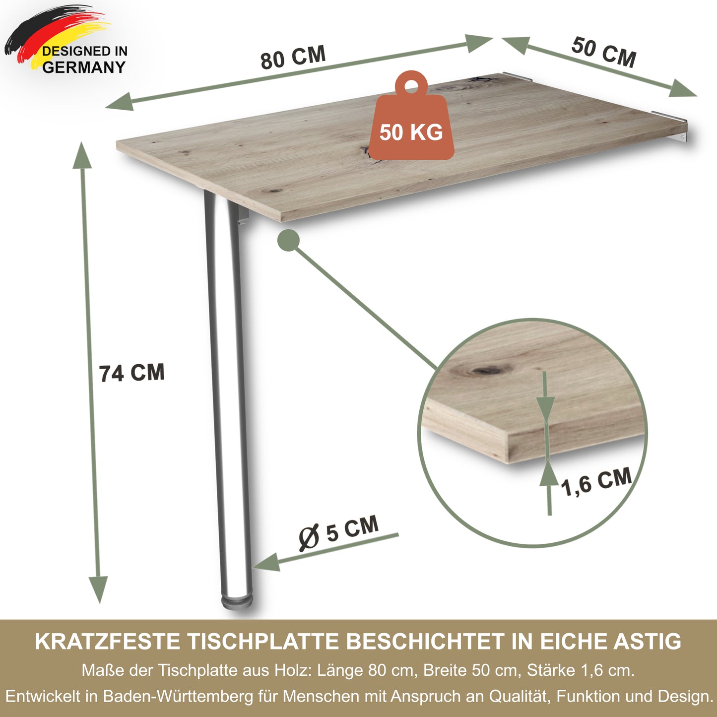 Wall-mounted folding table, desk, table top 80x40 cm in white, folding table, dining table, kitchen table for the wall, bar table, high table, wall table, foldable table for wall mounting