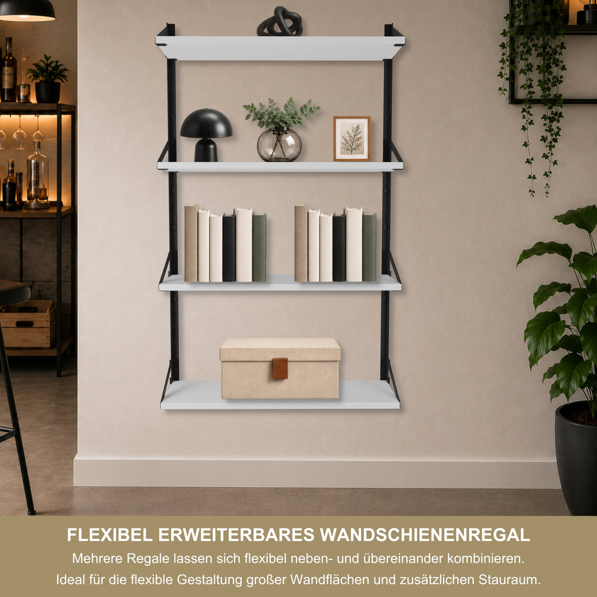 Wandregal 60 x 20 cm in Weiß – Modernes Wandschienenregal mit 2 Regalböden, bis 50 kg belastbar, höhenverstellbar und modular erweiterbar – Ideal für Wohnzimmer, Küche, Büro und Flur