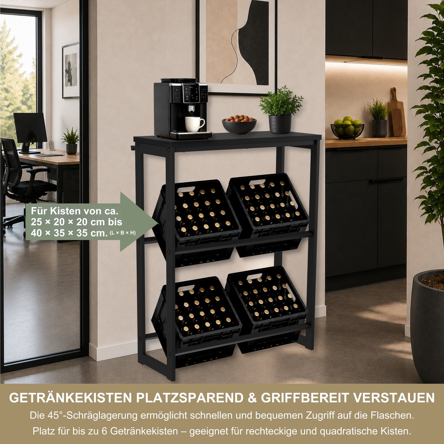Getränkekistenregal mit Ablage in Schwarz – Kistenregal für Getränkekisten, Wasserkisten & Bierkisten – bis 260 kg Traglast – 90 × 35 × 115 cm