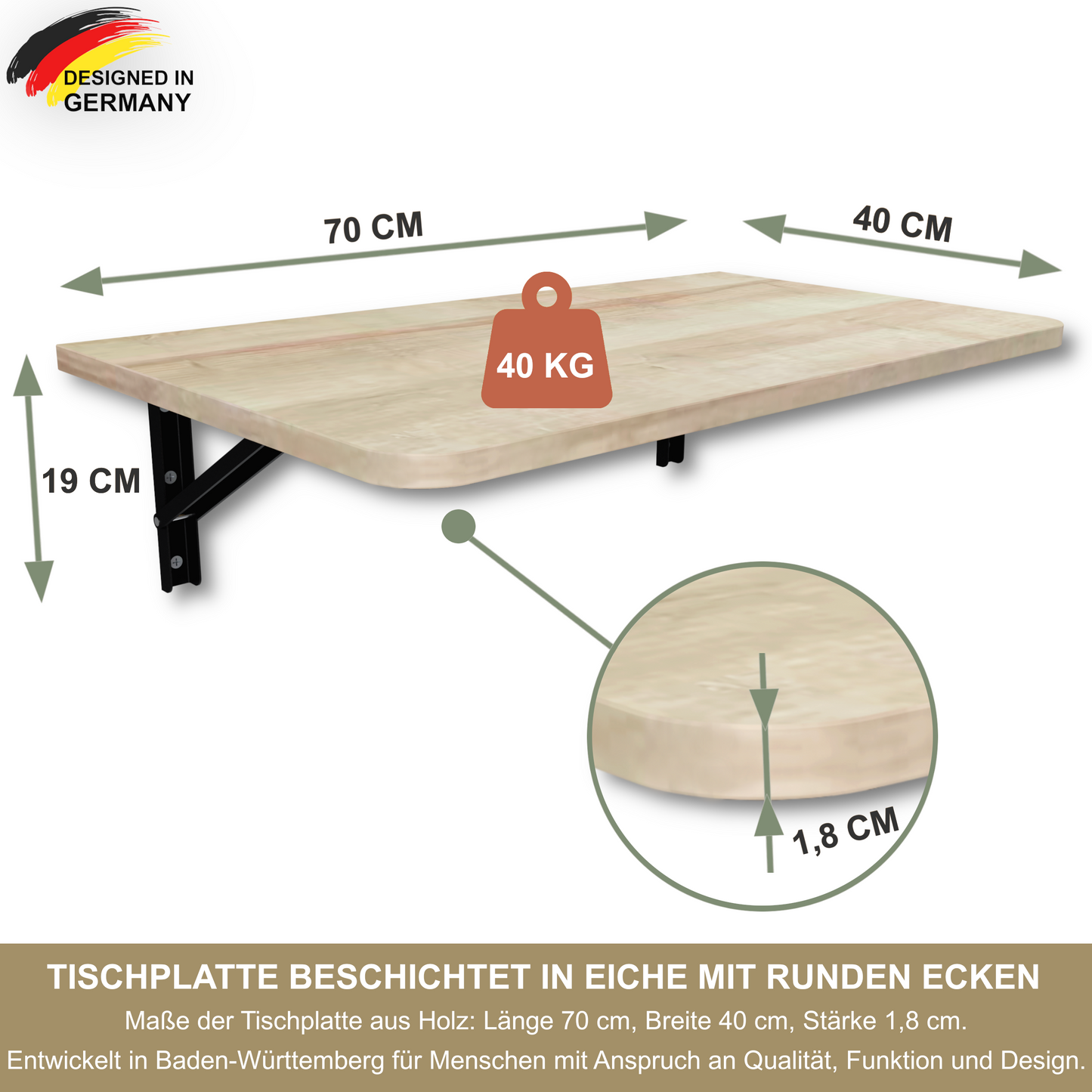 Wandklapptisch 70x40 cm Eiche – Klapptisch, Schreibtisch, Küchentisch, Esstisch, Wandmontage, platzsparend