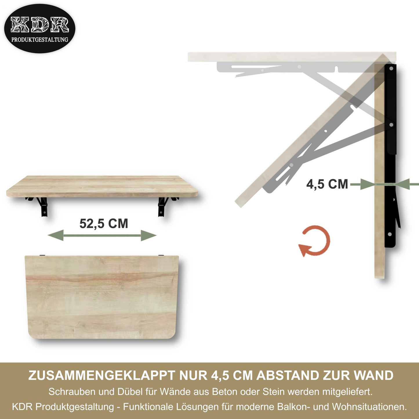 Wandklapptisch 70x40 cm Eiche – Klapptisch, Schreibtisch, Küchentisch, Esstisch, Wandmontage, platzsparend