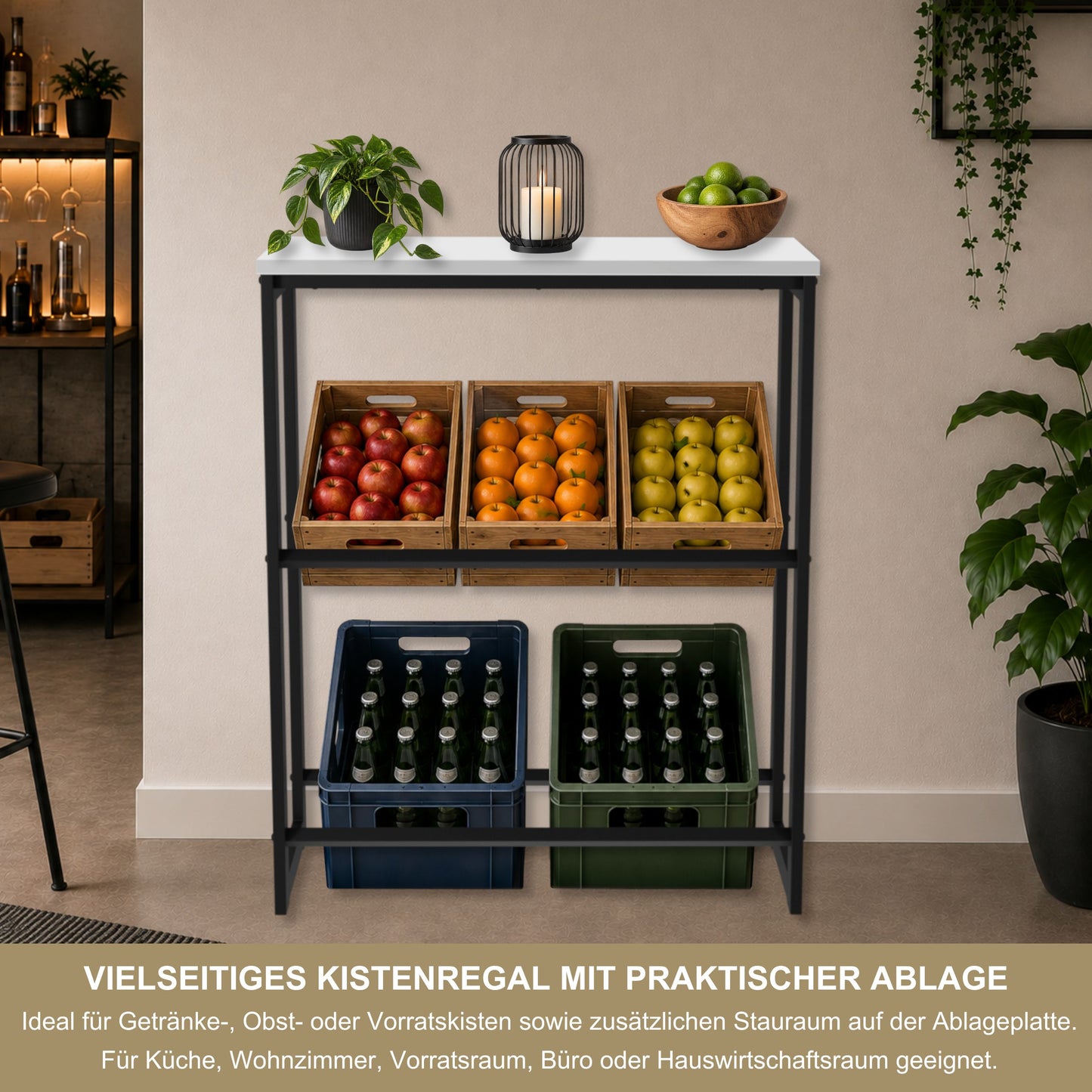 Getränkekistenregal mit Ablage in Weiß – Kistenregal für Getränkekisten, Wasserkisten & Bierkisten – bis 260 kg Traglast – 90 × 35 × 115 cm