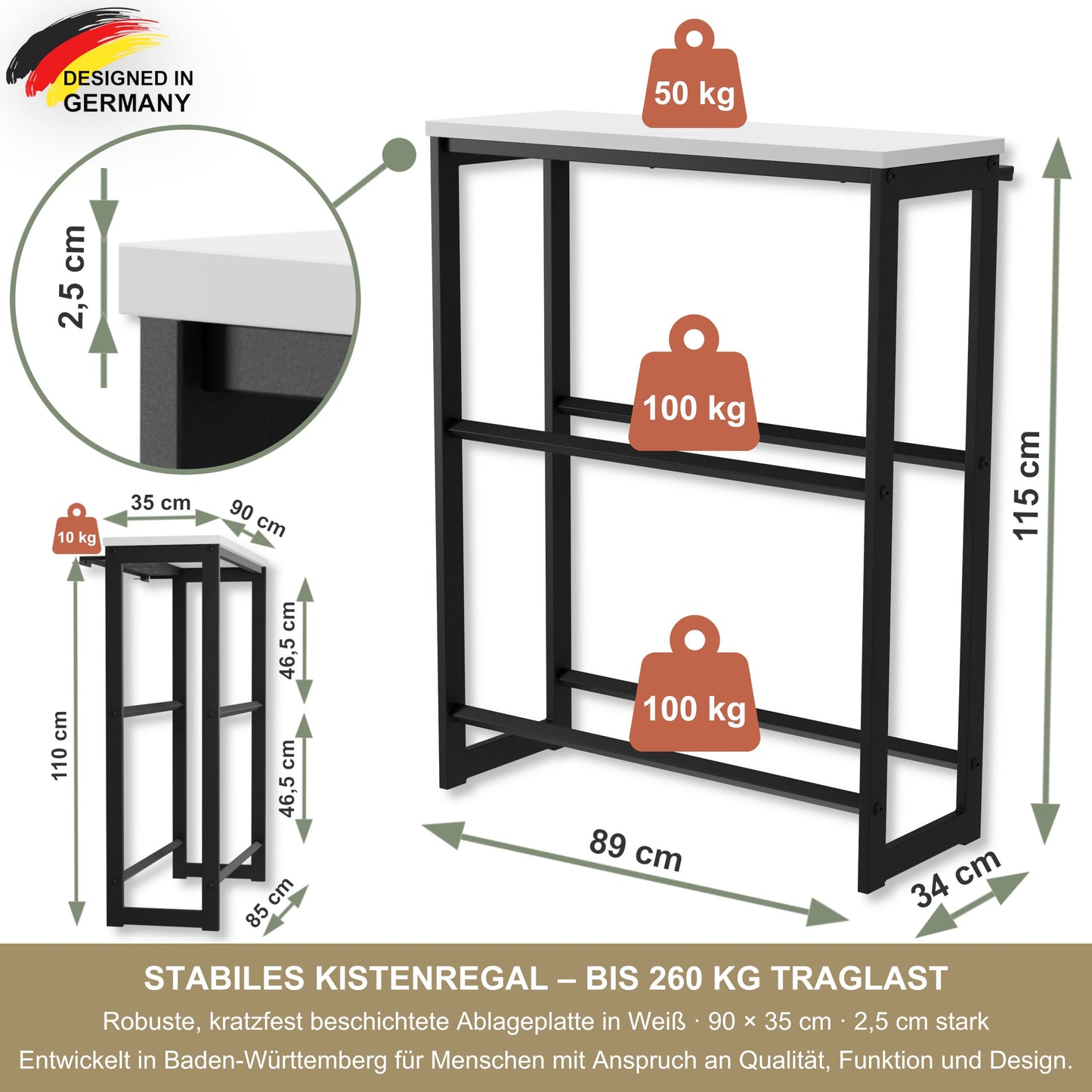 Getränkekistenregal mit Ablage in Weiß – Kistenregal für Getränkekisten, Wasserkisten & Bierkisten – bis 260 kg Traglast – 90 × 35 × 115 cm