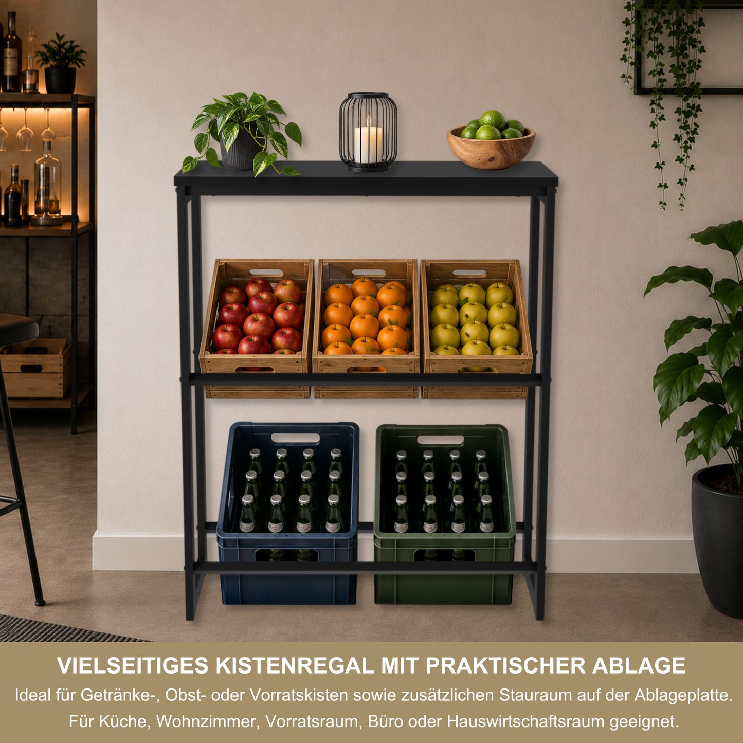 Getränkekistenregal mit Ablage in Schwarz – Kistenregal für Getränkekisten, Wasserkisten & Bierkisten – bis 260 kg Traglast – 90 × 35 × 115 cm