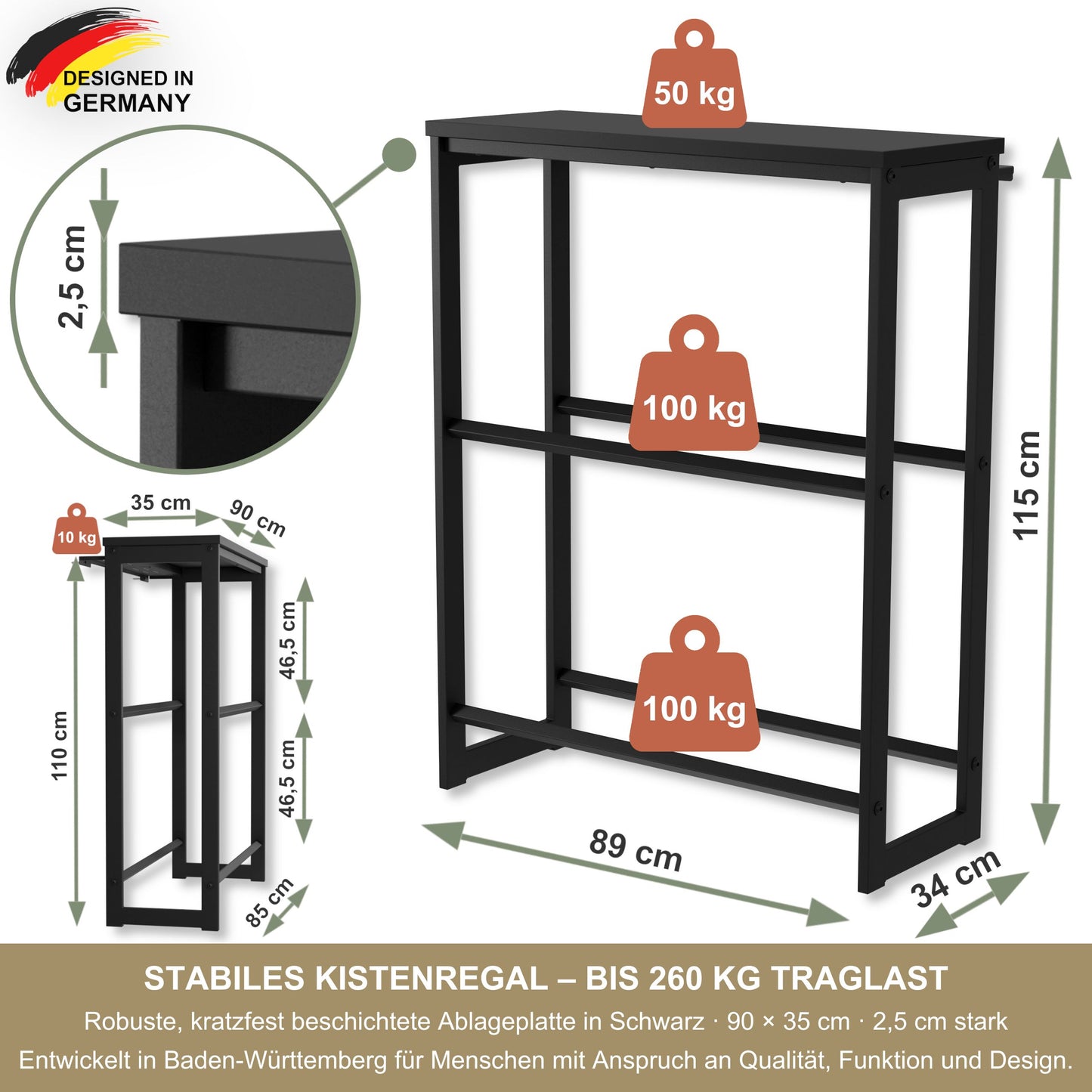 Getränkekistenregal mit Ablage in Schwarz – Kistenregal für Getränkekisten, Wasserkisten & Bierkisten – bis 260 kg Traglast – 90 × 35 × 115 cm