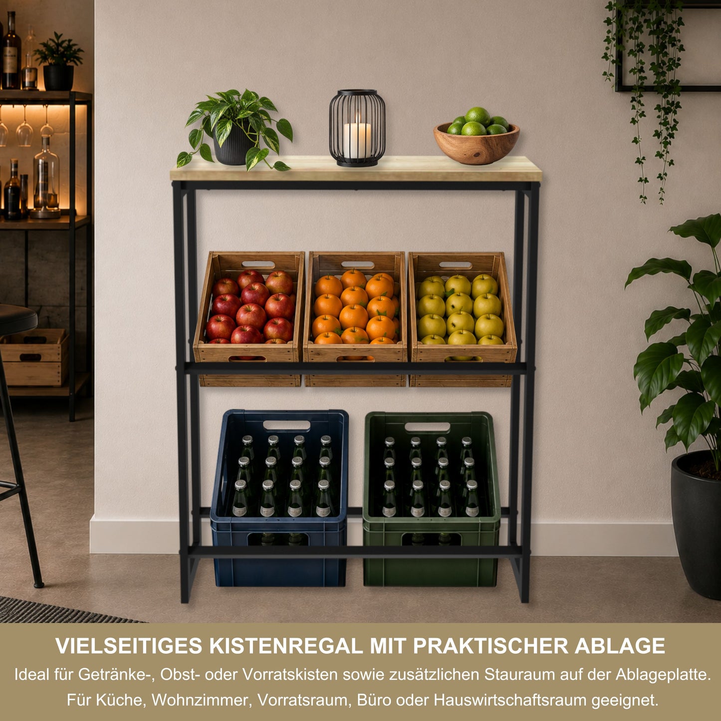 Getränkekistenregal mit Ablage in Eiche – Kistenregal für Getränkekisten, Wasserkisten & Bierkisten – bis 260 kg Traglast – 90 × 35 × 115 cm
