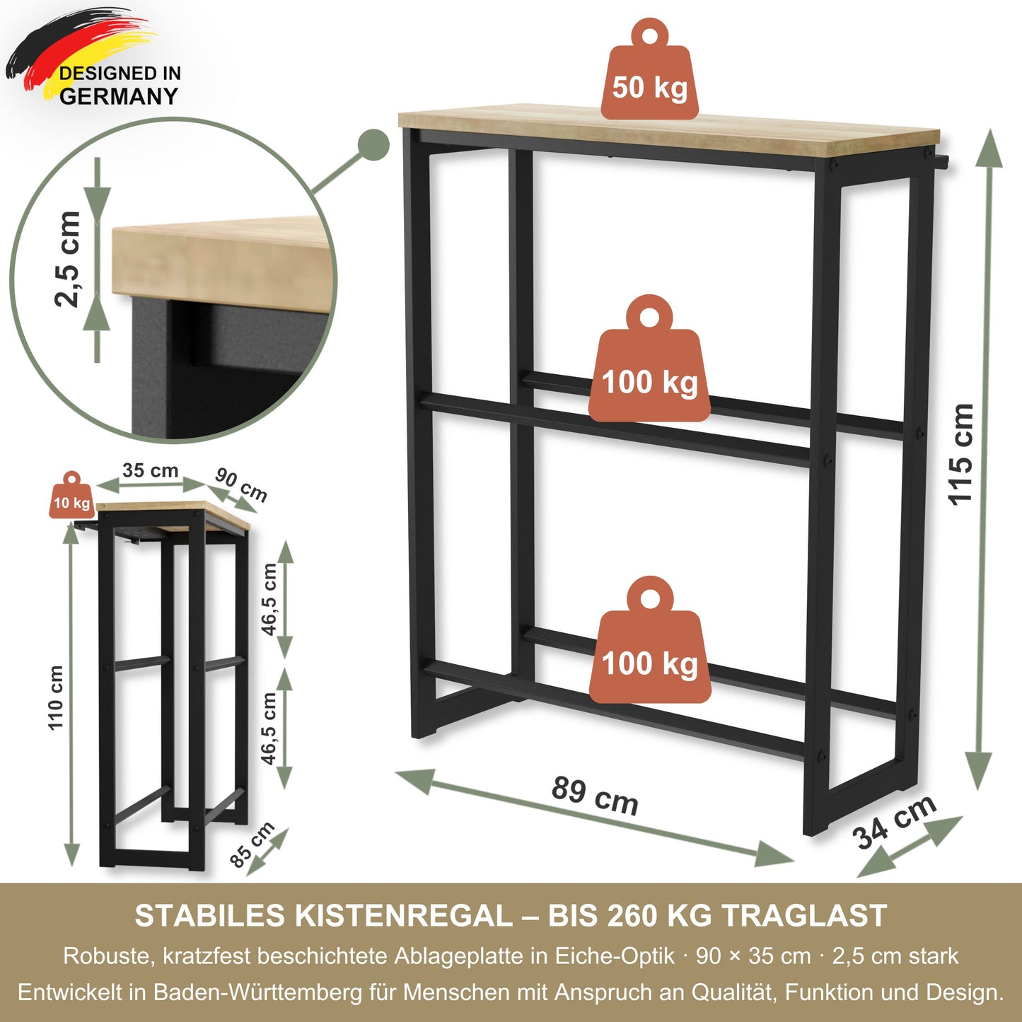 Getränkekistenregal mit Ablage in Eiche – Kistenregal für Getränkekisten, Wasserkisten & Bierkisten – bis 260 kg Traglast – 90 × 35 × 115 cm