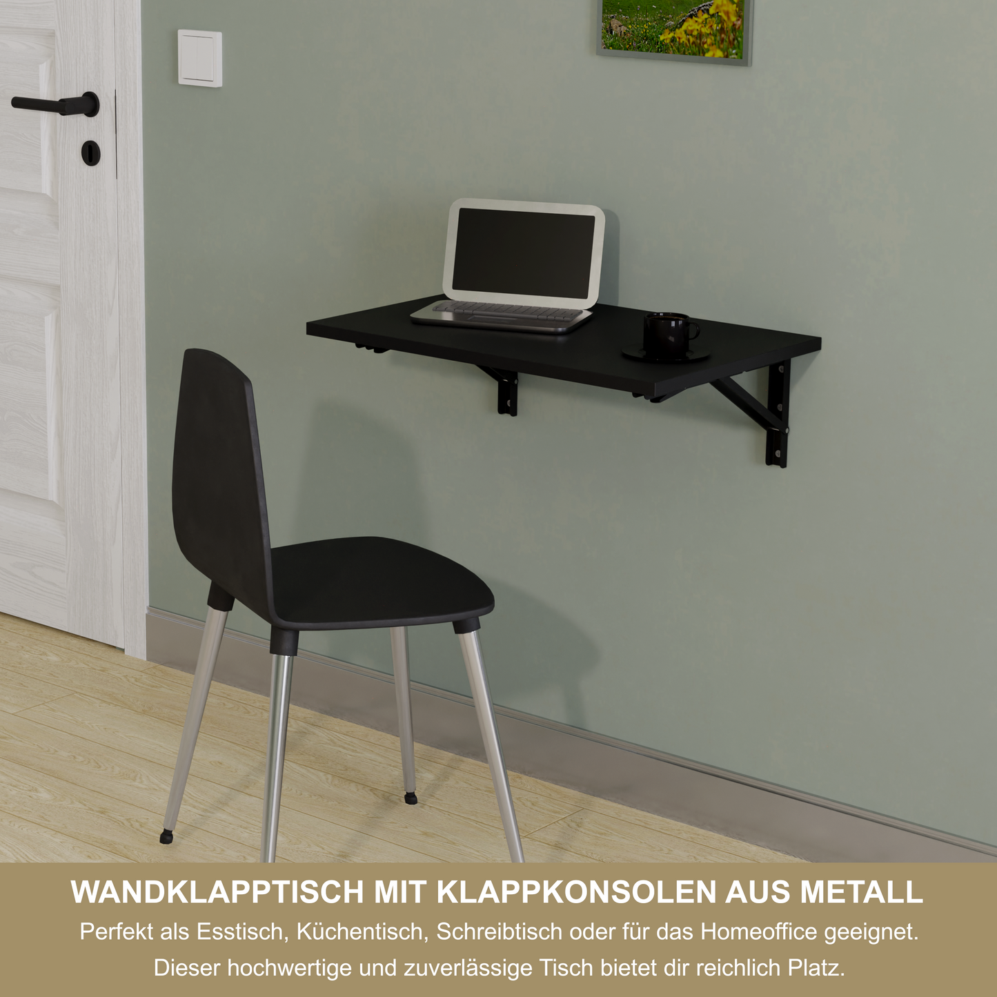 Wandklapptisch 60x40 cm Schwarz – Klapptisch, Schreibtisch, Küchentisch, Esstisch, Wandmontage, platzsparend