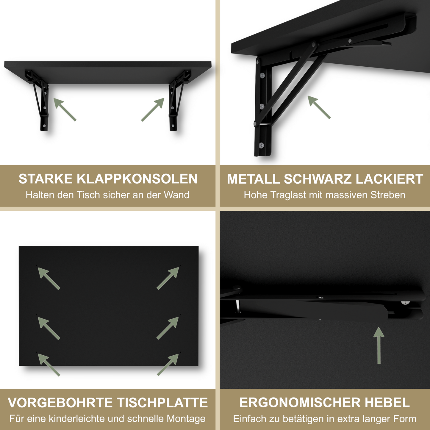 Wandklapptisch 60x40 cm Schwarz – Klapptisch, Schreibtisch, Küchentisch, Esstisch, Wandmontage, platzsparend