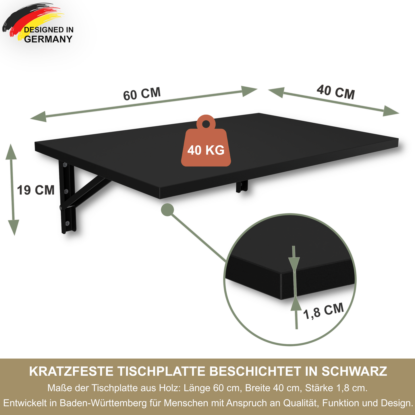 Wandklapptisch 60x40 cm Schwarz – Klapptisch, Schreibtisch, Küchentisch, Esstisch, Wandmontage, platzsparend